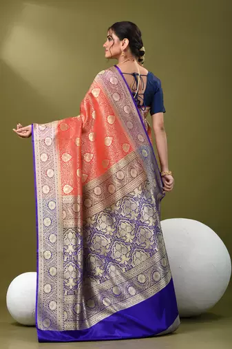 Red  banarasi brocade saree with zari woven ethnic designs