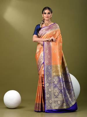 Orange  banarasi brocade saree with zari woven ethnic designs 1