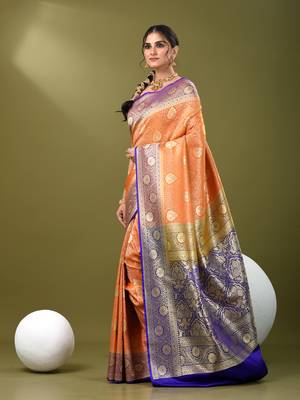 Orange  banarasi brocade saree with zari woven ethnic designs 2