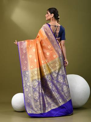 Orange  banarasi brocade saree with zari woven ethnic designs 3