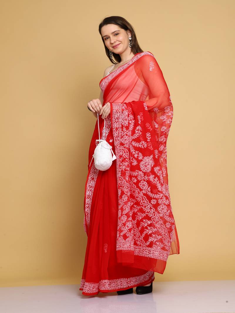 Hand embroidered red georgette lucknowi chikankari saree with blouse