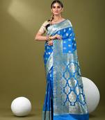 Sky blue katan silk blend banarasi saree with zari woven ethnic designs