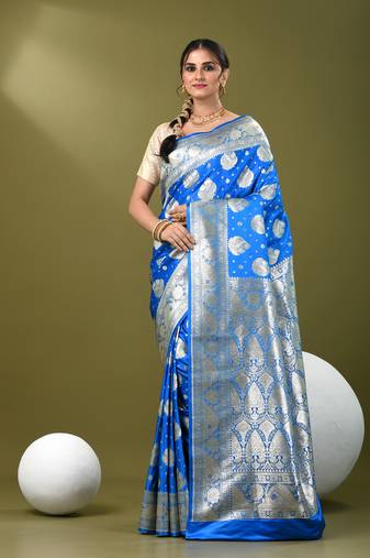 Sky blue katan silk blend banarasi saree with zari woven ethnic designs