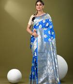Sky blue katan silk blend banarasi saree with zari woven ethnic designs