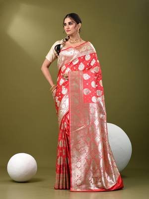Watermelon pink katan silk blend banarasi saree with zari woven ethnic designs 1