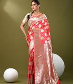 Watermelon pink katan silk blend banarasi saree with zari woven ethnic designs