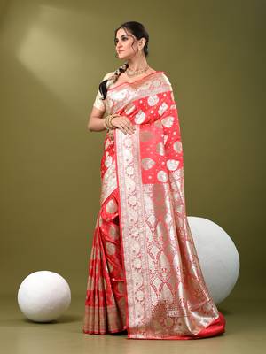 Watermelon pink katan silk blend banarasi saree with zari woven ethnic designs 2