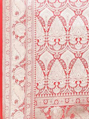 Watermelon pink katan silk blend banarasi saree with zari woven ethnic designs 4