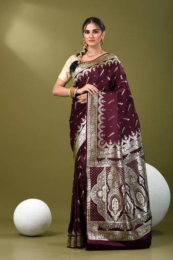 Burgundy katan silk blend banarasi saree with zari woven ethnic designs