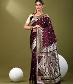 Burgundy katan silk blend banarasi saree with zari woven ethnic designs