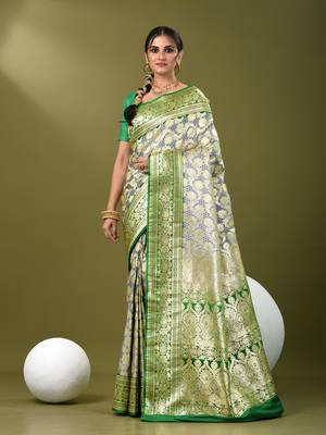 Grey katan silk blend banarasi saree with zari woven ethnic designs 1