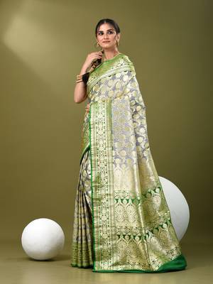 Grey katan silk blend banarasi saree with zari woven ethnic designs 2