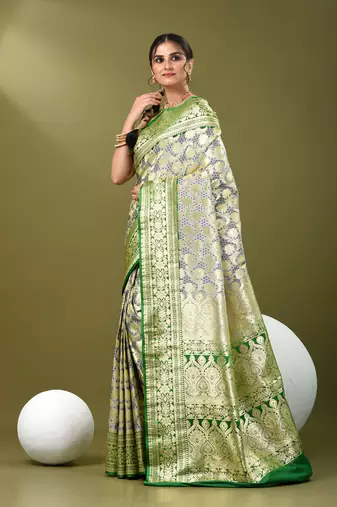 Grey katan silk blend banarasi saree with zari woven ethnic designs