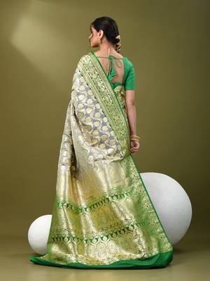 Grey katan silk blend banarasi saree with zari woven ethnic designs 3