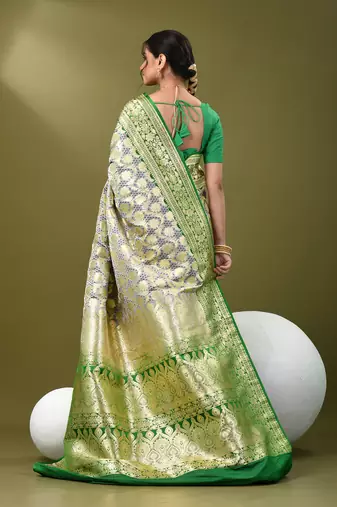 Grey katan silk blend banarasi saree with zari woven ethnic designs