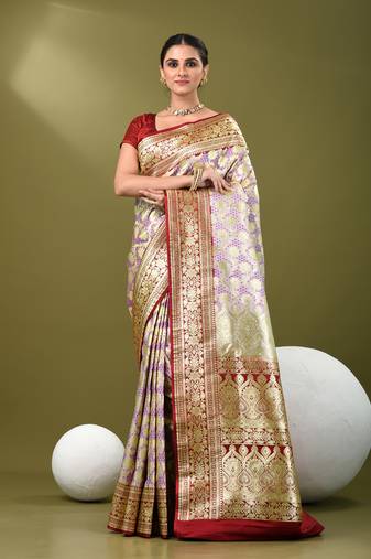 Light purple katan silk blend banarasi saree with zari woven ethnic designs