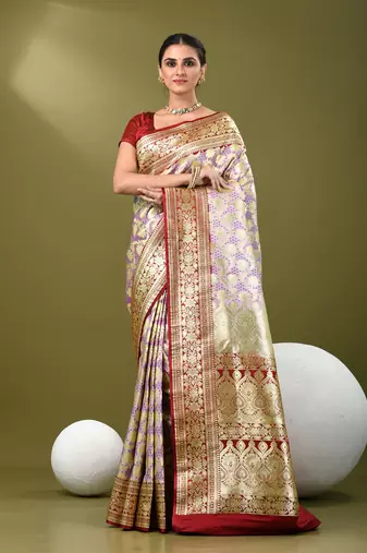 Light purple katan silk blend banarasi saree with zari woven ethnic designs