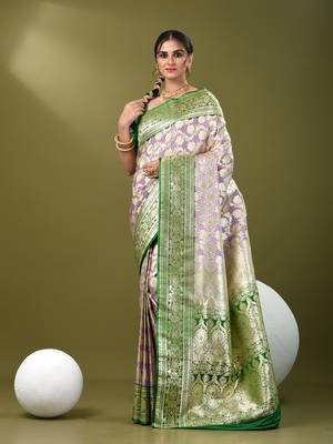 Light purple katan silk blend banarasi saree with zari woven ethnic designs 1
