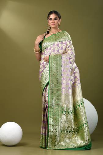 Light purple katan silk blend banarasi saree with zari woven ethnic designs