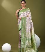 Light purple katan silk blend banarasi saree with zari woven ethnic designs