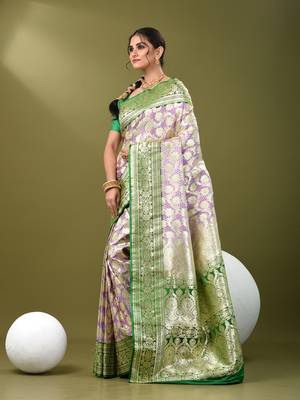 Light purple katan silk blend banarasi saree with zari woven ethnic designs 2