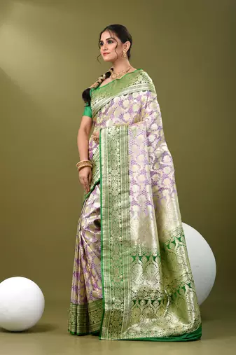Light purple katan silk blend banarasi saree with zari woven ethnic designs