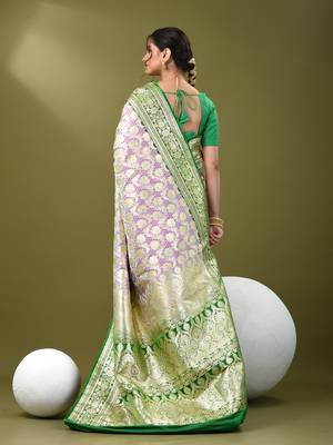 Light purple katan silk blend banarasi saree with zari woven ethnic designs 3