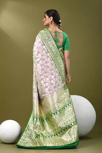 Light purple katan silk blend banarasi saree with zari woven ethnic designs