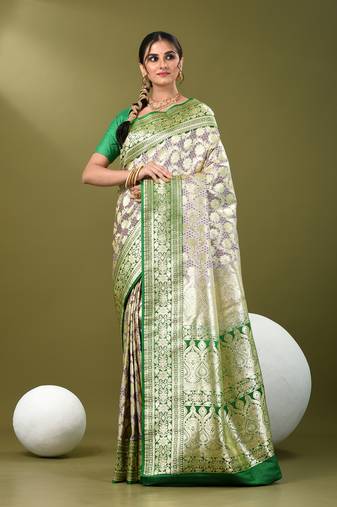 Rosy brown katan silk blend banarasi saree with zari woven ethnic designs