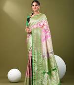 Taffy pink katan silk blend banarasi saree with zari woven ethnic designs