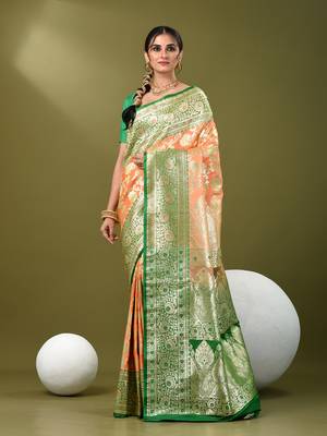 Peach katan silk blend banarasi saree with zari woven ethnic designs 1
