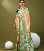 Peach katan silk blend banarasi saree with zari woven ethnic designs