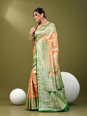Peach katan silk blend banarasi saree with zari woven ethnic designs 2