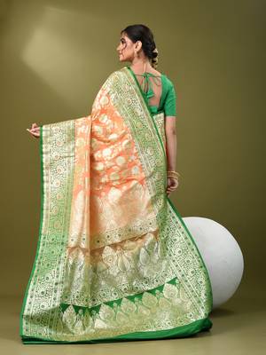 Peach katan silk blend banarasi saree with zari woven ethnic designs 3
