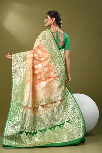Peach katan silk blend banarasi saree with zari woven ethnic designs
