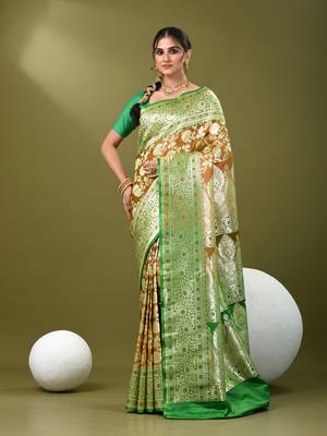 Brown katan silk blend banarasi saree with zari woven ethnic designs 1