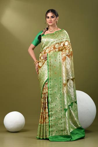 Brown katan silk blend banarasi saree with zari woven ethnic designs