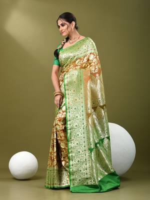 Brown katan silk blend banarasi saree with zari woven ethnic designs 2