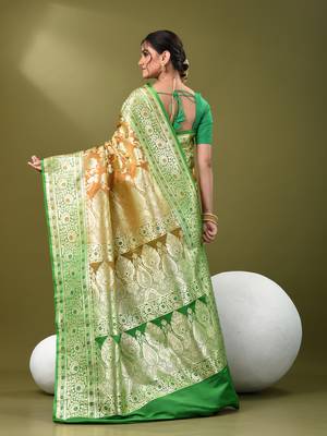 Brown katan silk blend banarasi saree with zari woven ethnic designs 3