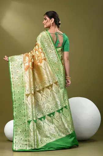 Brown katan silk blend banarasi saree with zari woven ethnic designs