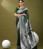 Bottle green katan silk blend banarasi saree with zari woven ethnic designs