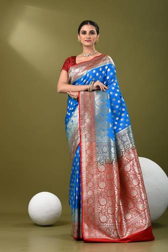 Sky blue katan silk blend banarasi saree with zari woven ethnic designs