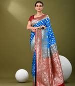 Sky blue katan silk blend banarasi saree with zari woven ethnic designs