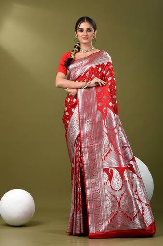 Red katan silk blend patli pallu banarasi saree with zari woven ethnic designs