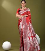 Red katan silk blend patli pallu banarasi saree with zari woven ethnic designs