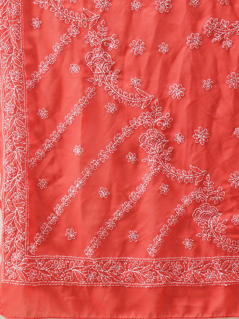 Hand embroidered carrot pink georgette lucknowi chikankari saree with blouse