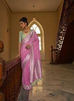 Pink Nylon Crape Weaving With Beautifull Tussles Designer Saree 1