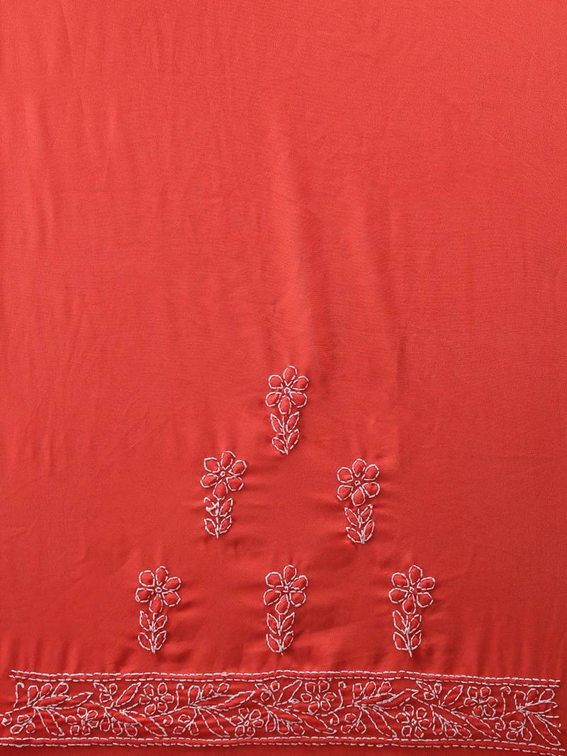 Hand embroidered carrot pink georgette lucknowi chikankari saree with blouse