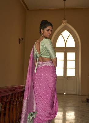 Pink Nylon Crape Weaving With Beautifull Tussles Designer Saree 2