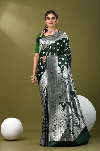 Bottle green katan silk blend patli pallu banarasi saree with zari woven ethnic designs